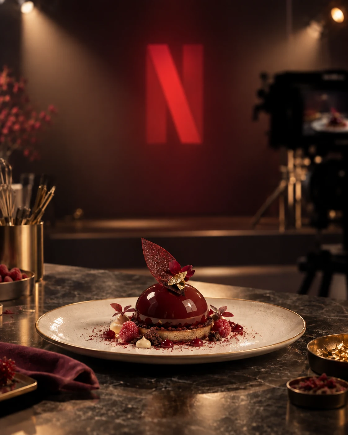 Plated pastry on a television competition set with a subtle Netflix reference