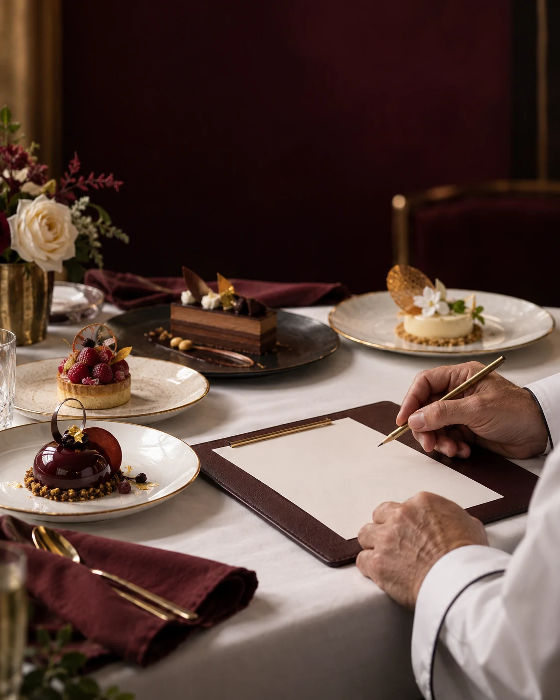 Chef judging a selection of plated pastry desserts